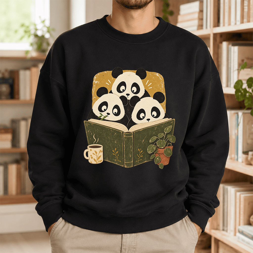 Curious Pandas Reading Crewneck Sweatshirt | Panda Lover & Reader Gift Black