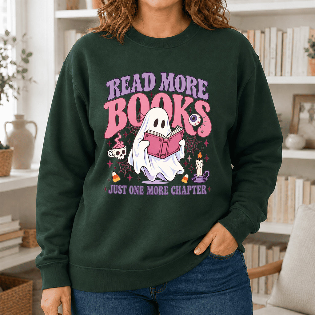 Read More Books Printed Sweatshirt | Halloween Book Lover Gift Forest Green