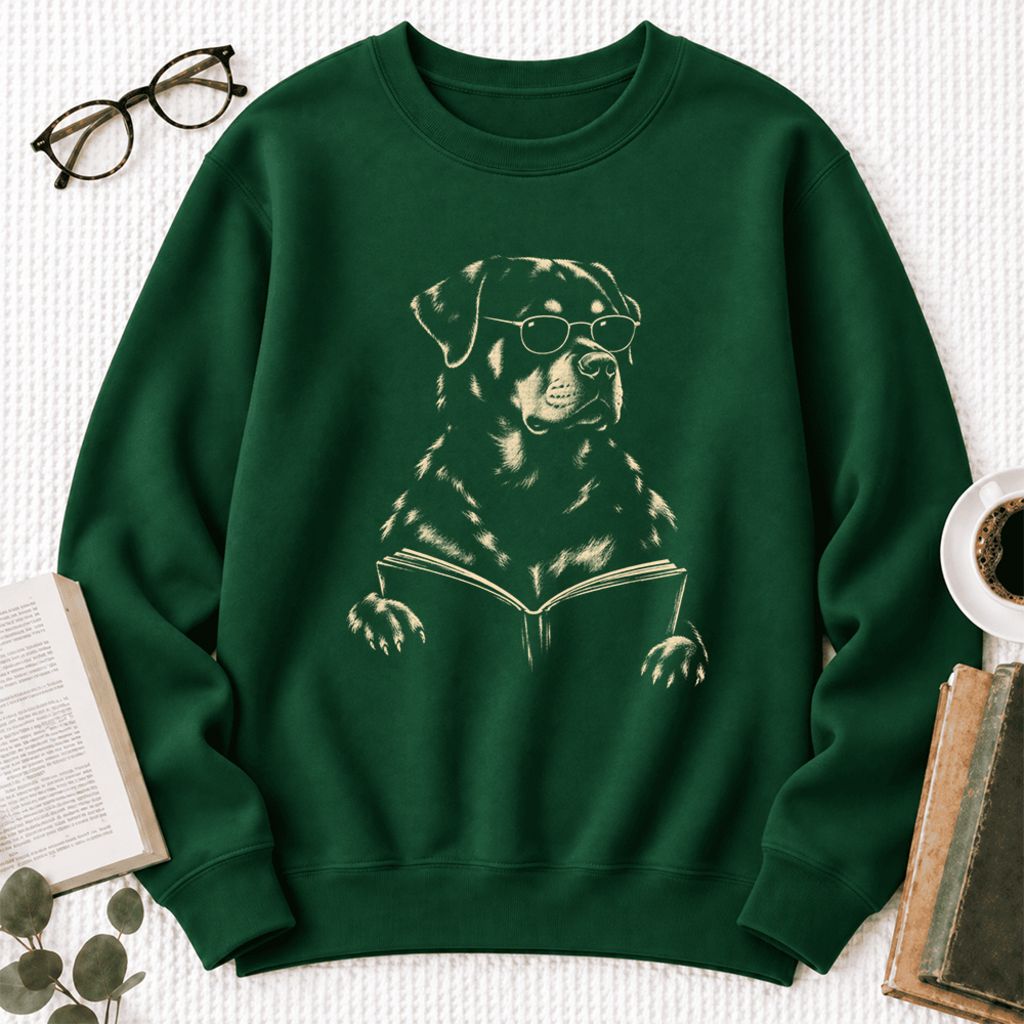 Rottweiler Reading Book Softstyle Sweatshirt | Dog Mom Reader Gift Forest Green