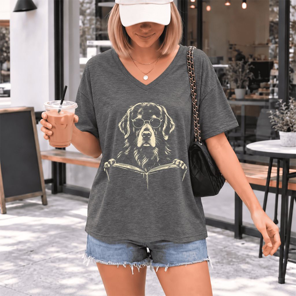 Golden Retriever Reading Book Ultra-Soft V-Neck | Dog Mom Reader Gift Deep Heather