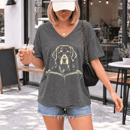 Golden Retriever Reading Book Ultra-Soft V-Neck | Dog Mom Reader Gift Deep Heather