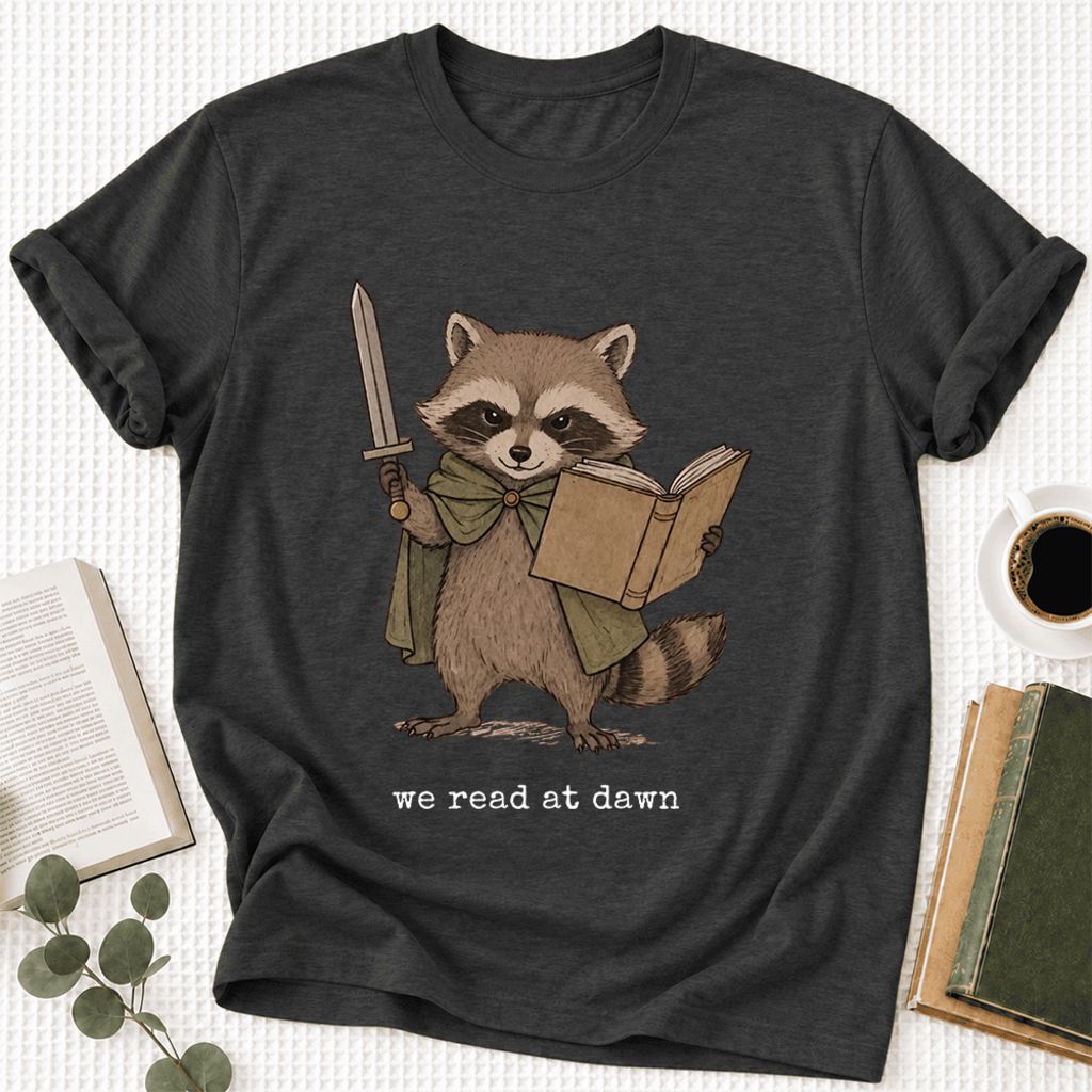 We Read At Dawn Funny Racoon Ultra-Soft Cotton T-Shirt | Playful Reader Gift Dark Grey Heather