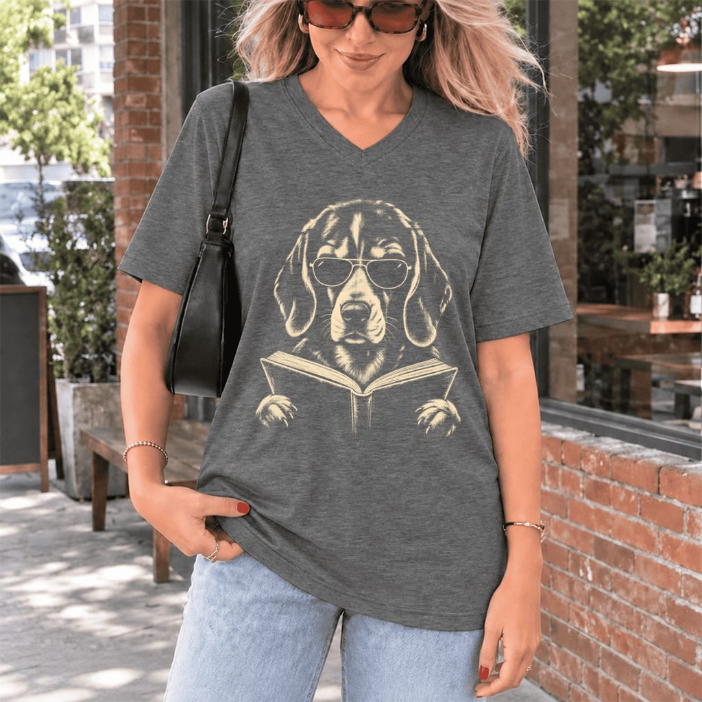 Beagle Reading Book Ultra-Soft V-Neck | Dog Mom Reader Gift Deep Heather