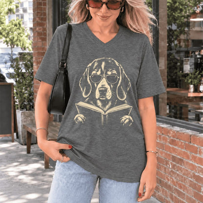 Beagle Reading Book Ultra-Soft V-Neck | Dog Mom Reader Gift Deep Heather