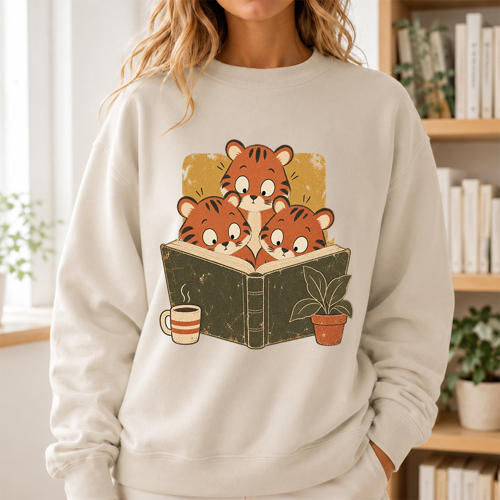 Minimal Japanese Tigers Reading Crewneck Sweatshirt | Reader Gift Sand