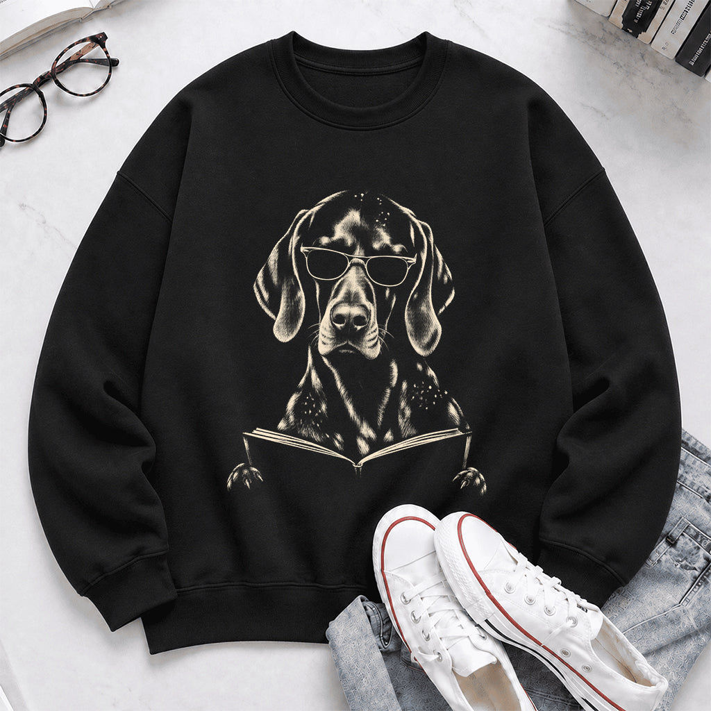 German Shorthaired Pointer Reading Book Crewneck Sweatshirt | Reader Gift Black