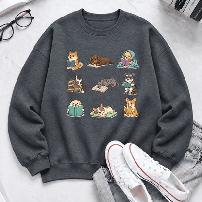 Funny Reading Dogs Embroidered Sweatshirt | Dog Mom Reader Gift Dark Heather