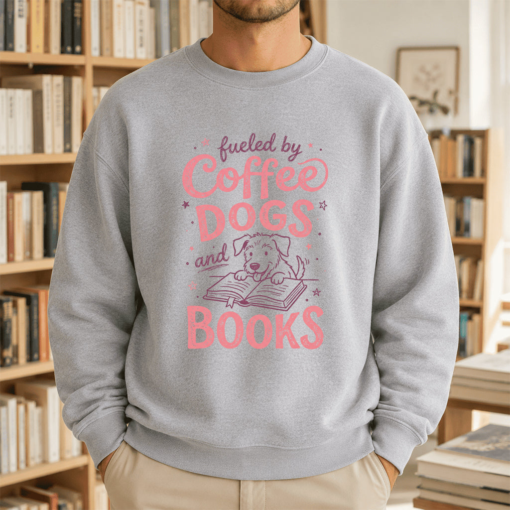 Fueled By Coffee, Dogs and Books Crewneck Sweatshirt | Coffee & Dog Lover, Reader Gift Sport Grey