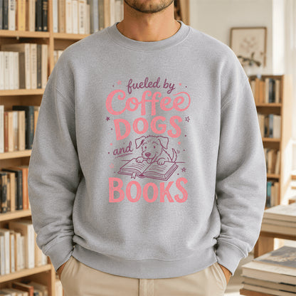 Fueled By Coffee, Dogs and Books Crewneck Sweatshirt | Coffee & Dog Lover, Reader Gift Sport Grey