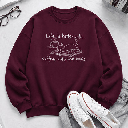 Funny Cats and Books Crewneck Sweatshirt | Reader Gift Maroon