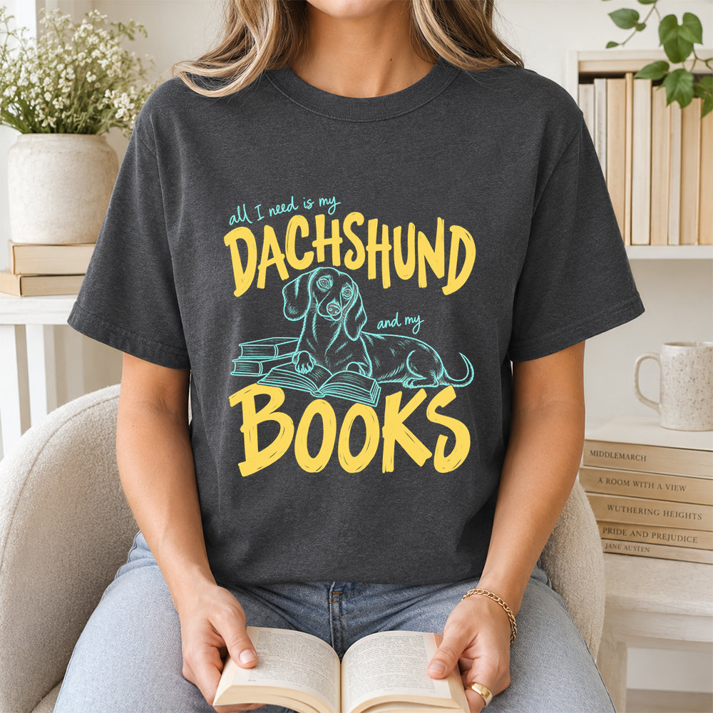 All I Need Is My Dachshund And My Books Softstyle T-Shirt | Book Lover Gift Dark Heather