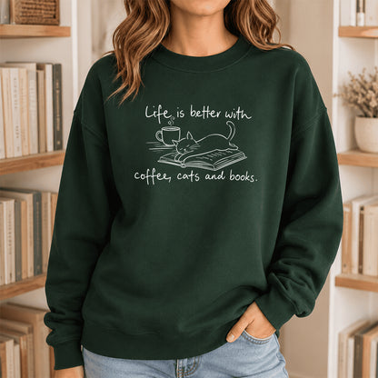 Funny Cats and Books Crewneck Sweatshirt | Reader Gift Forest Green