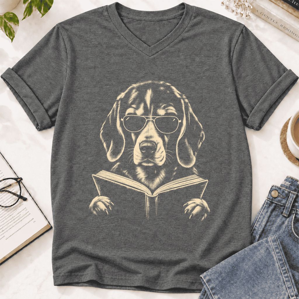 Beagle Reading Book Ultra-Soft V-Neck | Dog Mom Reader Gift Deep Heather