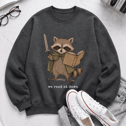 Raccoon We Read At Dawn Crewneck Sweatshirt | Reader Gift Dark Heather