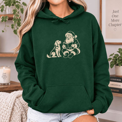 Funny Dog With Santa Christmas Softstyle Hoodie | Christmas Gift For Dog & Book Lover Forest Green