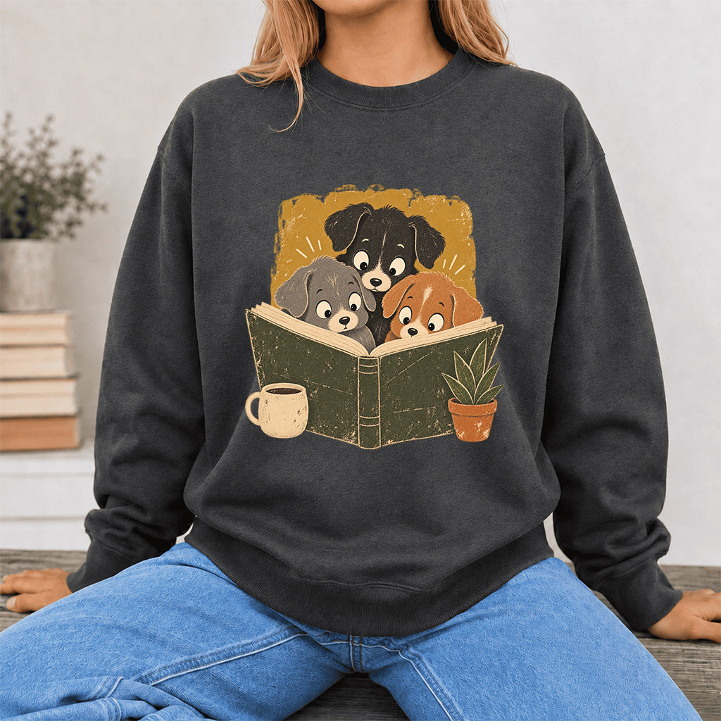 Minimal Japanese Dogs Reading Crewneck Sweatshirt | Reader Gift Dark Heather