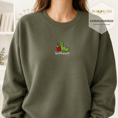 Bookworm Embroidered Sweatshirt | Reader Gift Military Green