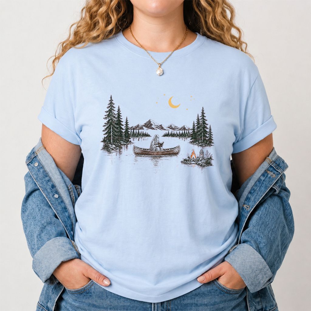 Reading Ghost On The Boat Printed T-Shirt | Spooky Book Lover Gift Light Blue
