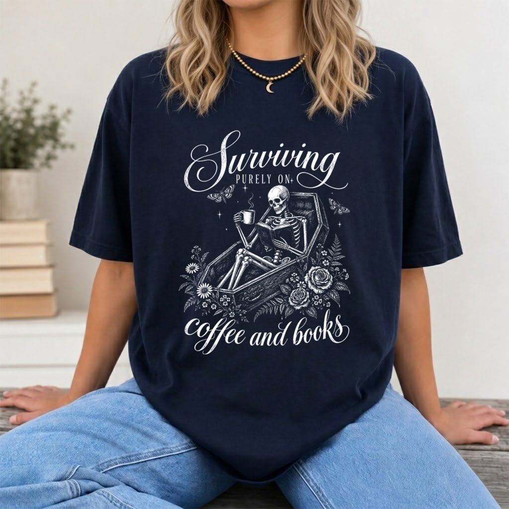Surviving Purely On Coffee And Books Printed T-Shirt | Halloween Book Lover Gift Navy