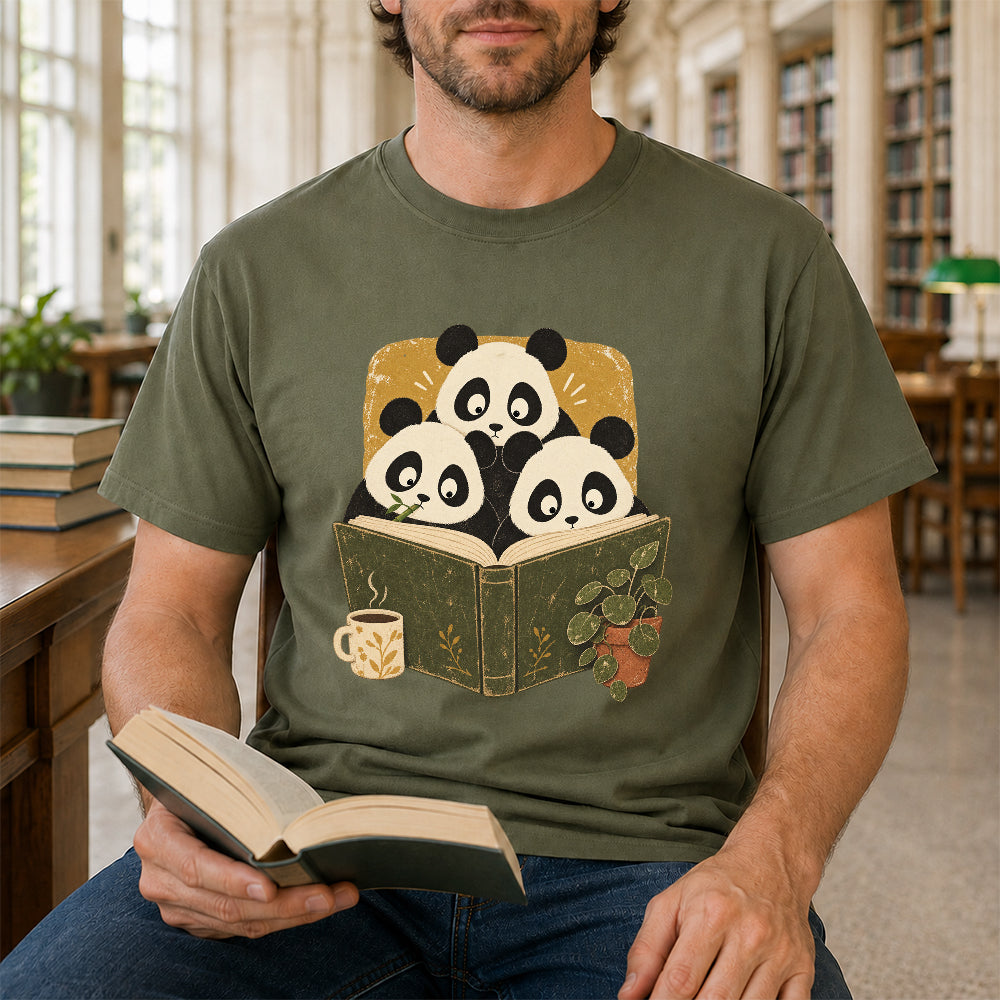 Minimal Japanese Pandas Reading Softstyle T-Shirt | Book Lover Gift Military Green