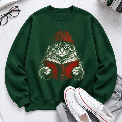 Vintage Reading Cat Maine Coon Softstyle Sweatshirt | Christmas Book Lover Gift Forest Green