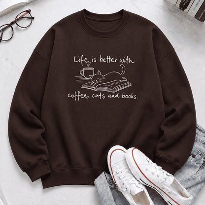 Funny Cats and Books Crewneck Sweatshirt | Reader Gift Dark Chocolate
