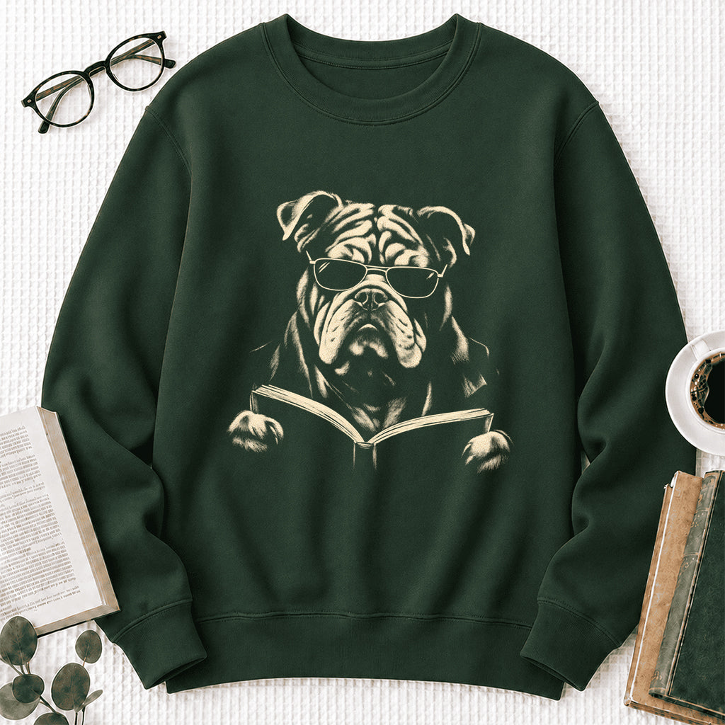 Bulldog Reading Book Crewneck Sweatshirt | Reader Gift Forest Green