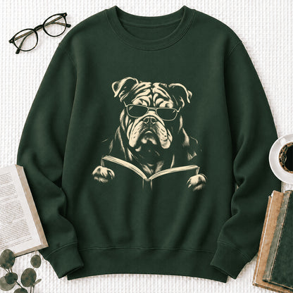 Bulldog Reading Book Crewneck Sweatshirt | Reader Gift Forest Green