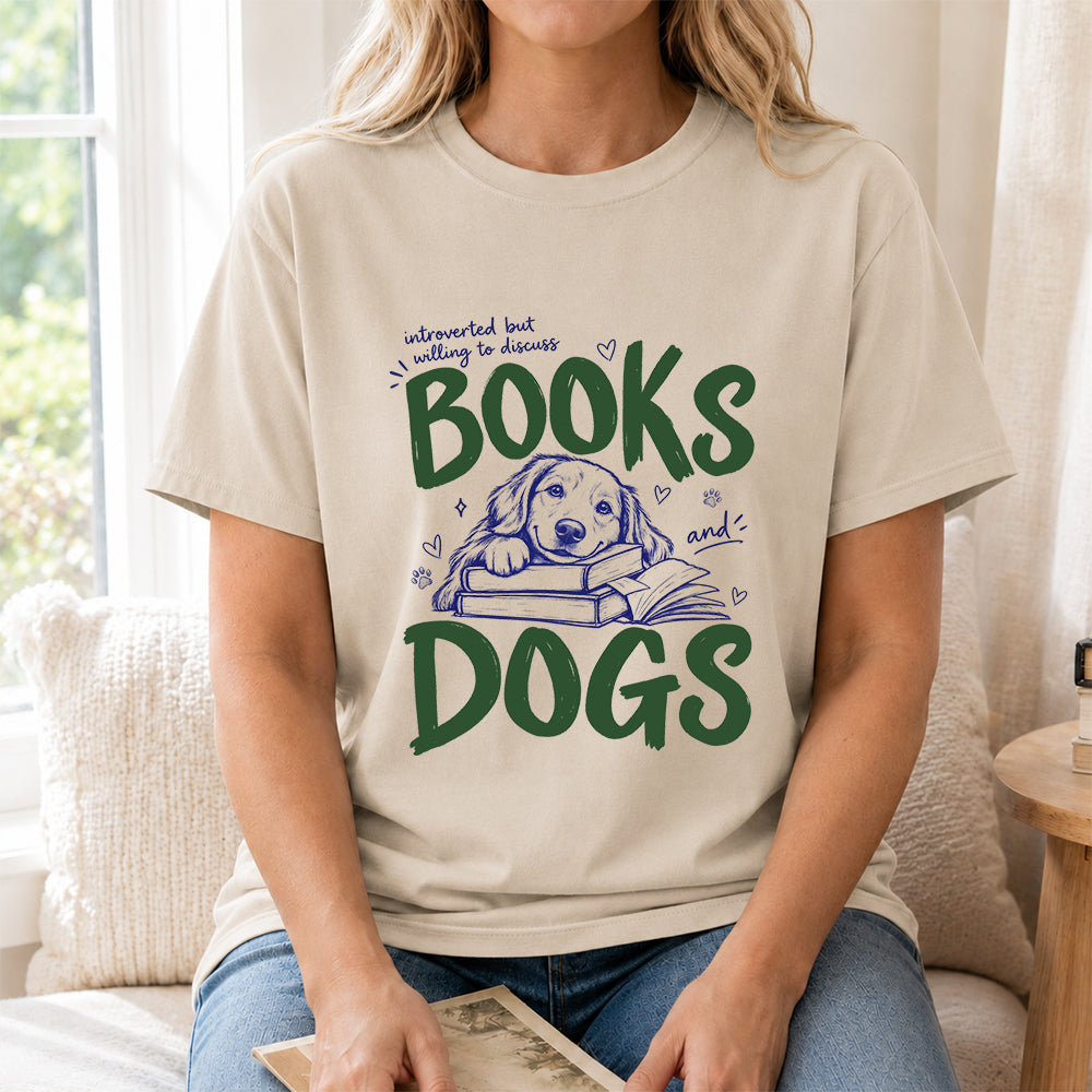 Introverted But Willing To Discuss Books And Dogs Cotton T-Shirt | Dogs Lover & Reader Gift Sand
