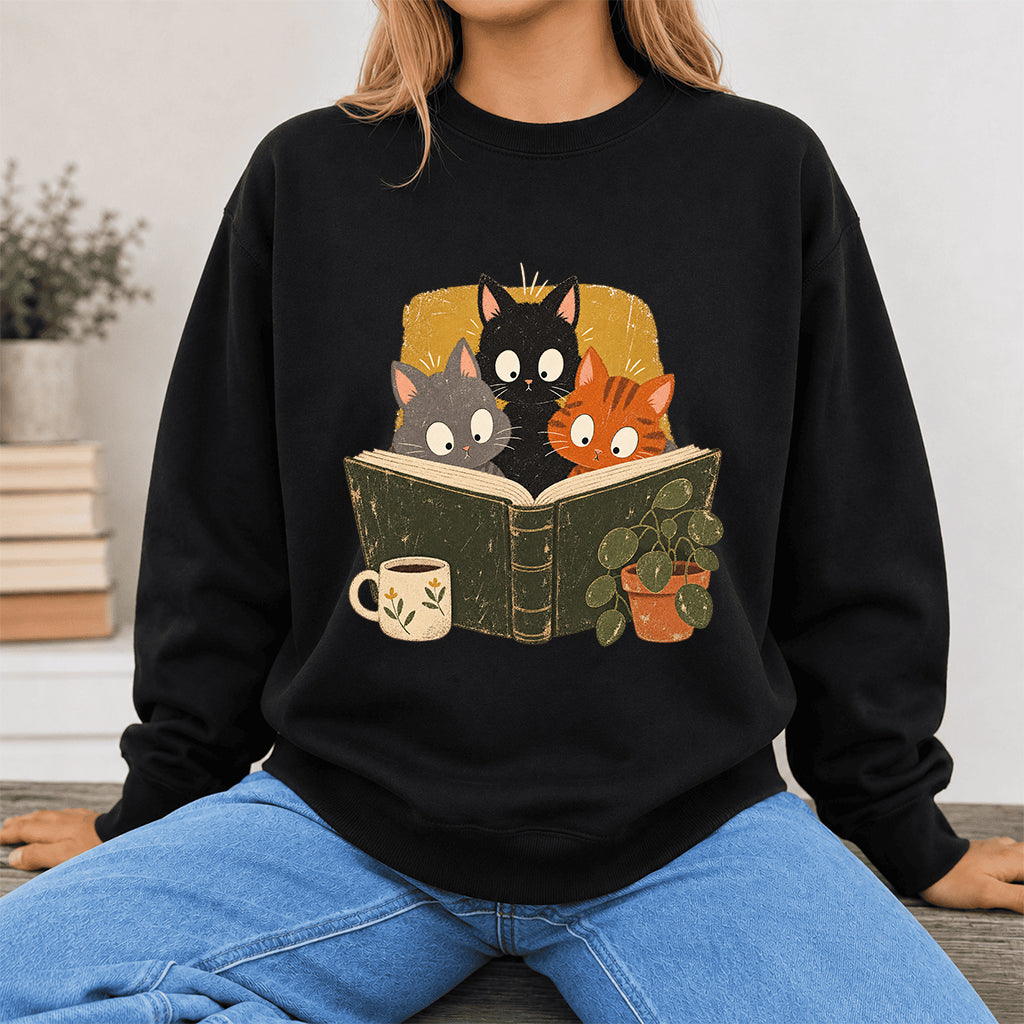 Minimal Japanese Cats Reading Crewneck Sweatshirt | Reader Gift Black