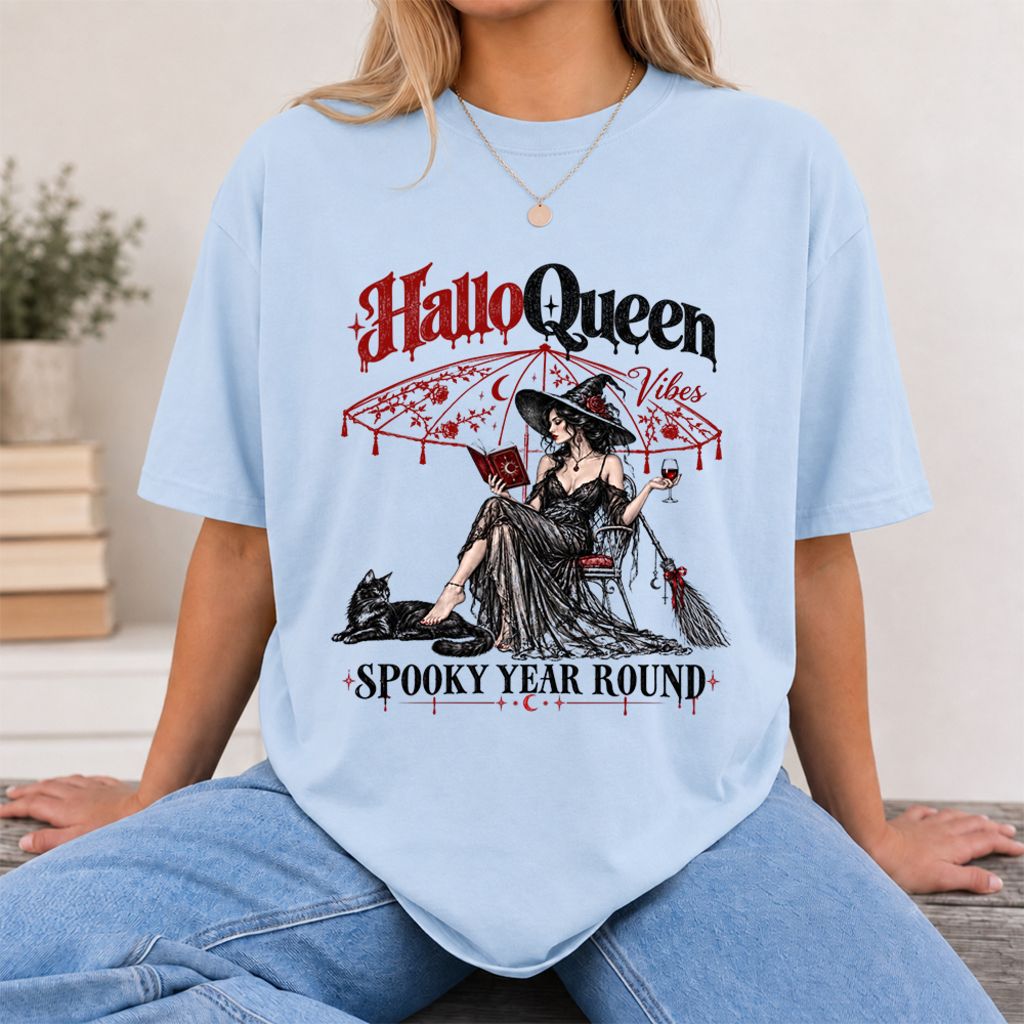 Halloqueen Spooky Year Round Printed T-Shirt | Halloween Book Lover Gift Light Blue