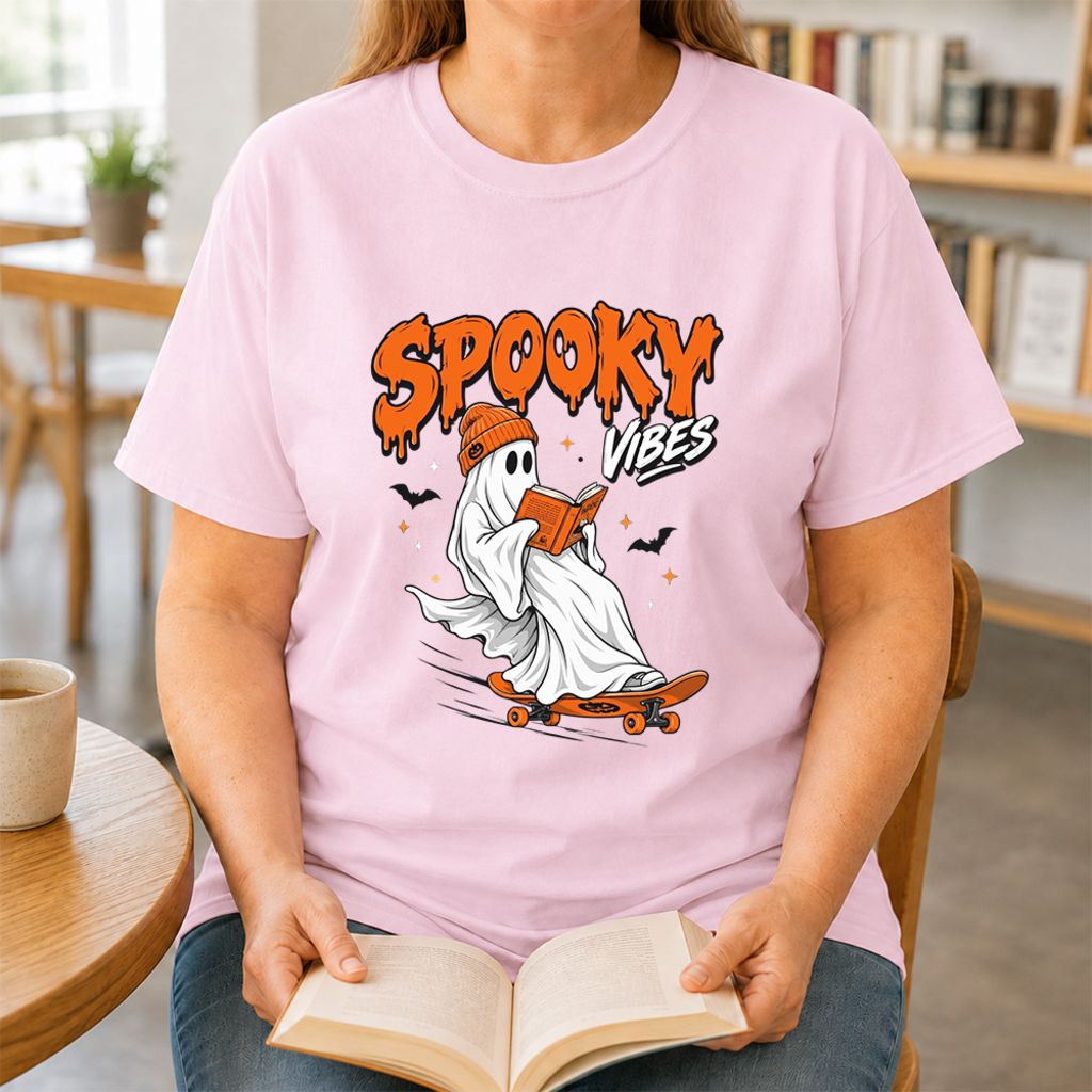 Spooky Vibes Printed T-Shirt | Halloween Book Lover Gift Light Pink