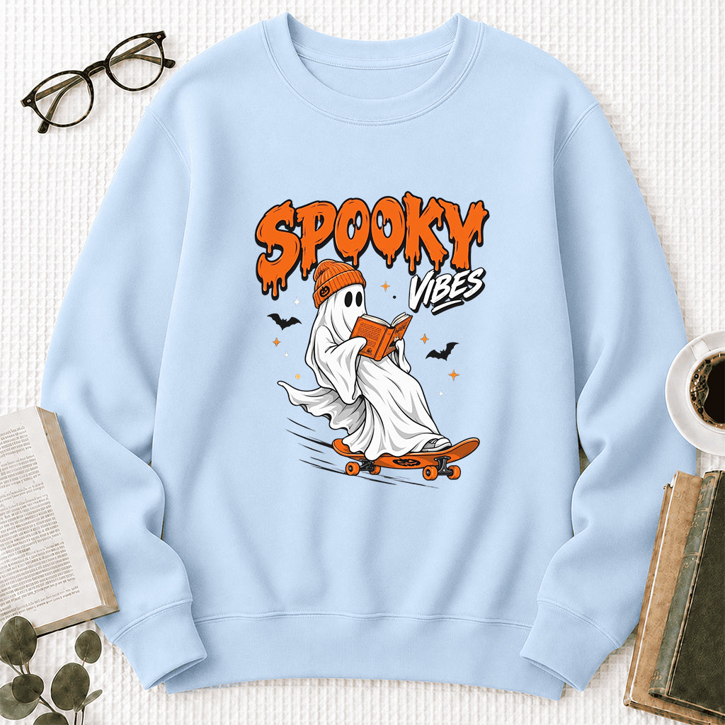 Spooky Vibes Printed Sweatshirt | Halloween Reader Gift Light Blue