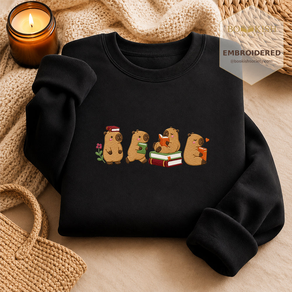 Reading Capybaras Embroidered Sweatshirt | Reader Gift Black