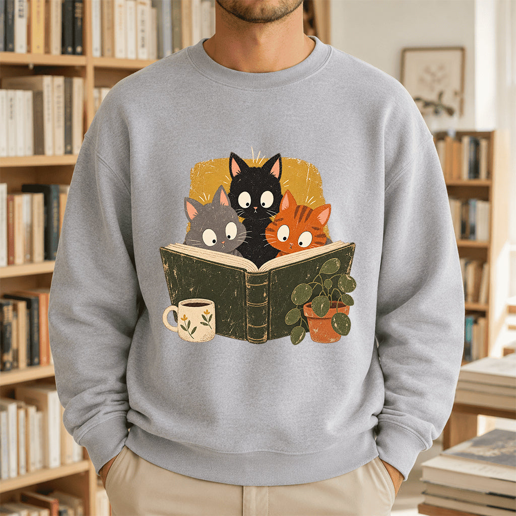 Minimal Japanese Cats Reading Crewneck Sweatshirt | Reader Gift Sport Grey