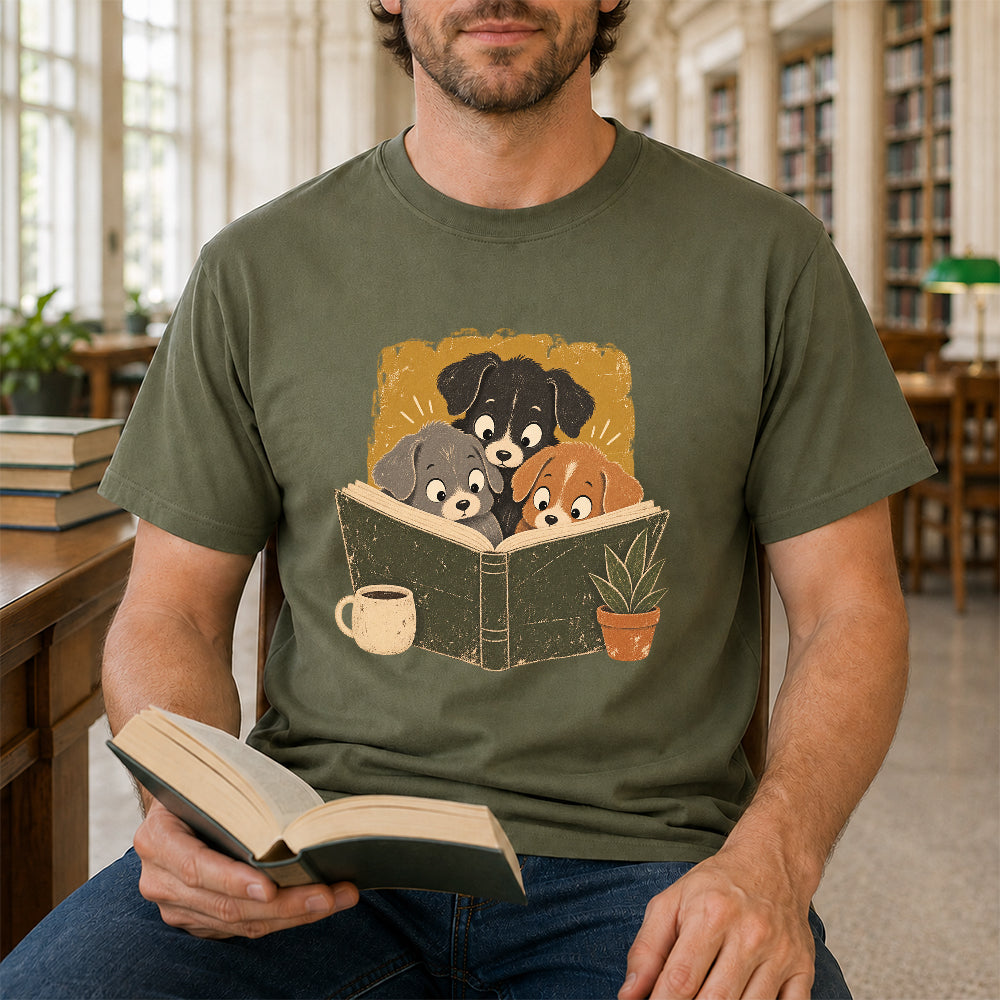 Minimal Japanese Dogs Reading Softstyle T-Shirt | Book Lover Gift Military Green