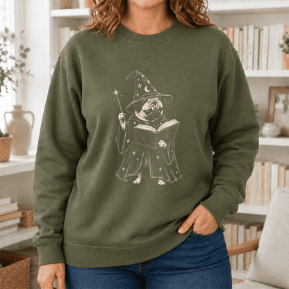 Cute Pug Witch Reading Book Printed Sweatshirt | Halloween Book Lover Gift Military Green