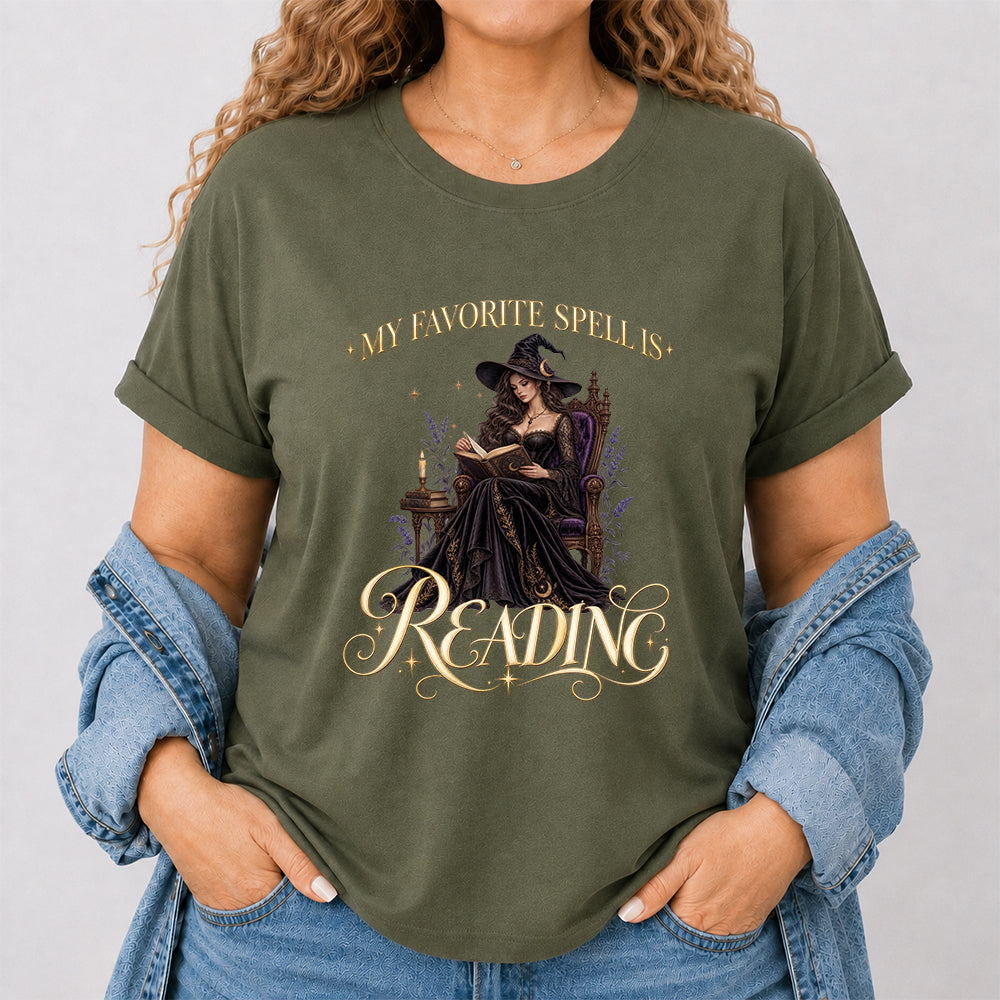 My Favorite Spell Is Reading Printed T-Shirt | Halloween Fantasy Book Lover Gift Military Green