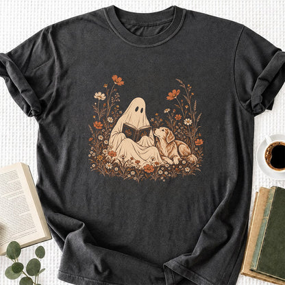 Ghost Wildflowers With Book And Golden Retriever Printed T-Shirt | Halloween Dog Lover Gift Dark Heather