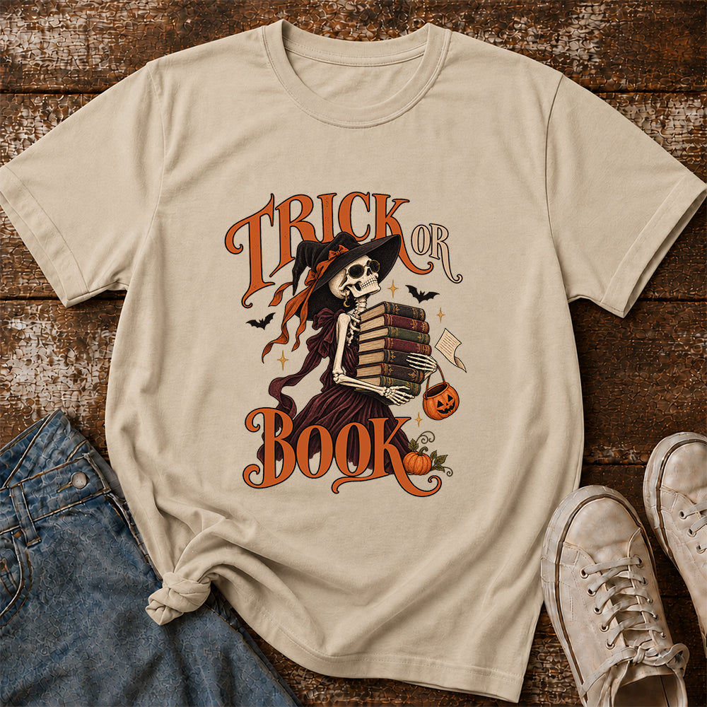 Trick Or Book Lady Printed T-Shirt | Halloween Book Lover Gift Sand