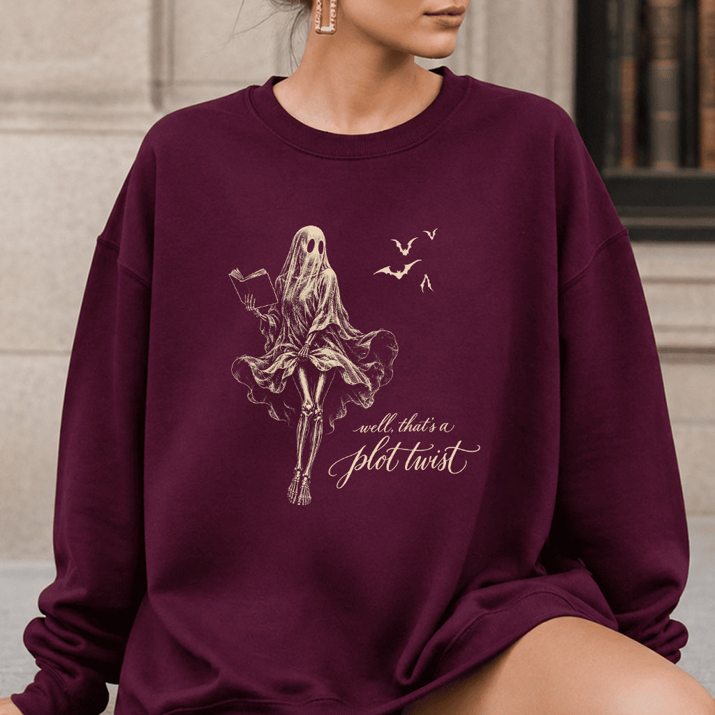 Funny Dress-Wearing Bookworm Ghost Printed Sweatshirt | Halloween Reader Gift Maroon