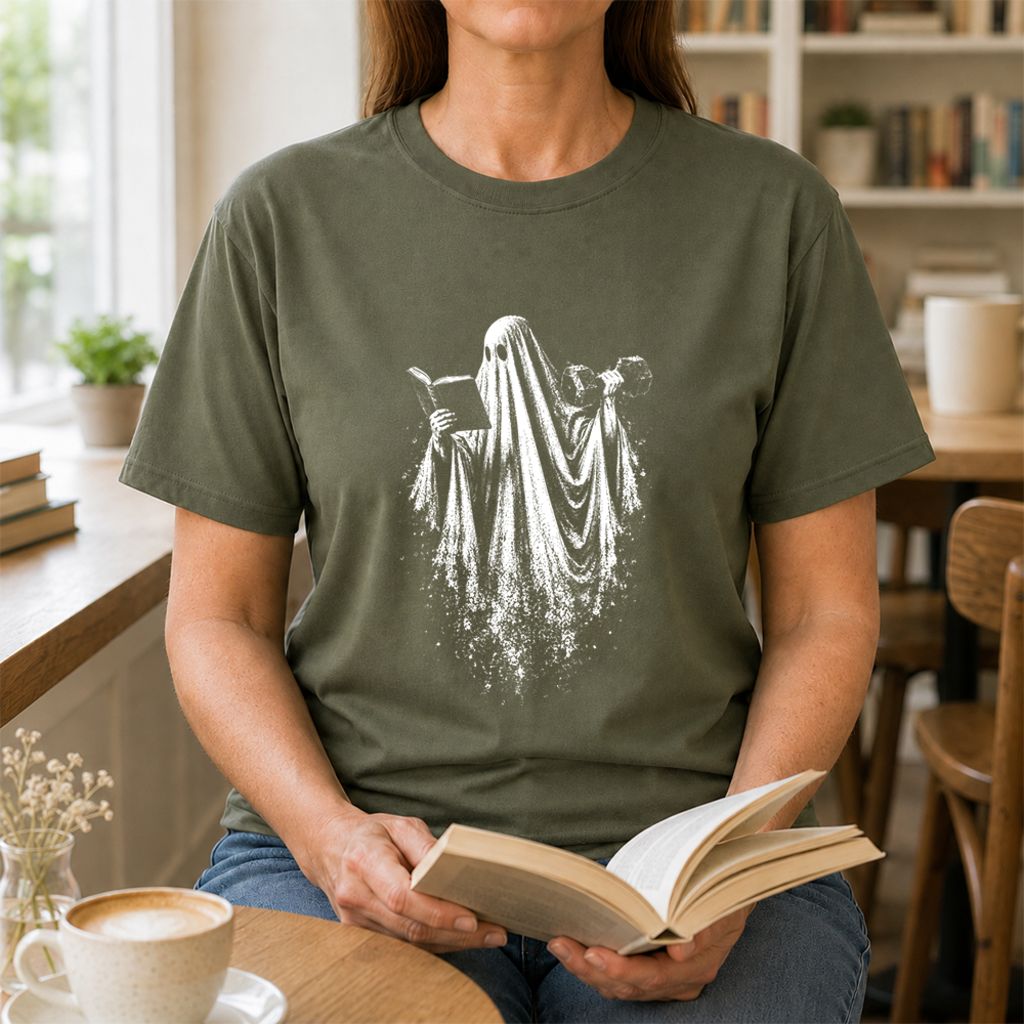 Reading Gym Ghost Printed T-Shirt | Halloween Book Lover Gift Military Green
