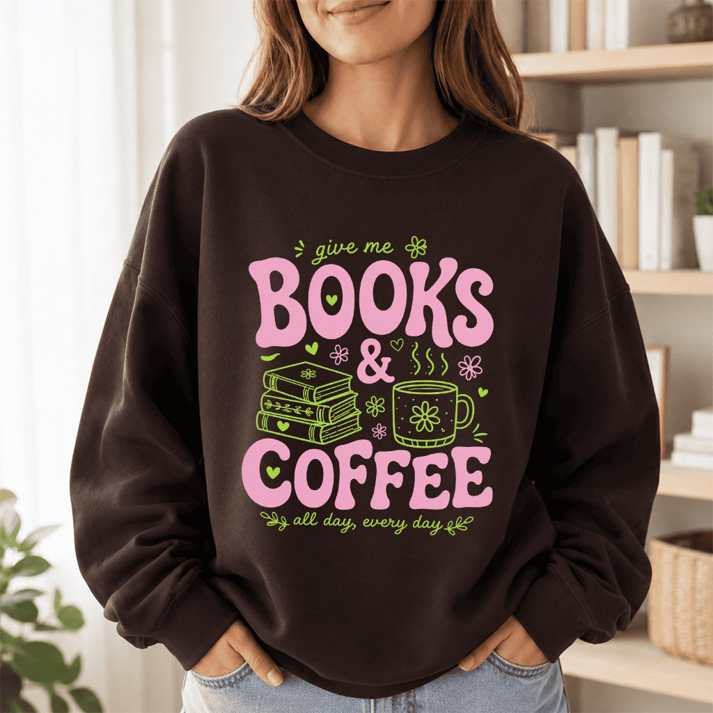 Books and Coffee Crewneck Sweatshirt | Reader Gift Dark Chocolate