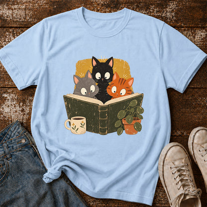 Minimal Japanese Cats Reading Softstyle T-Shirt | Book Lover Gift Light Blue