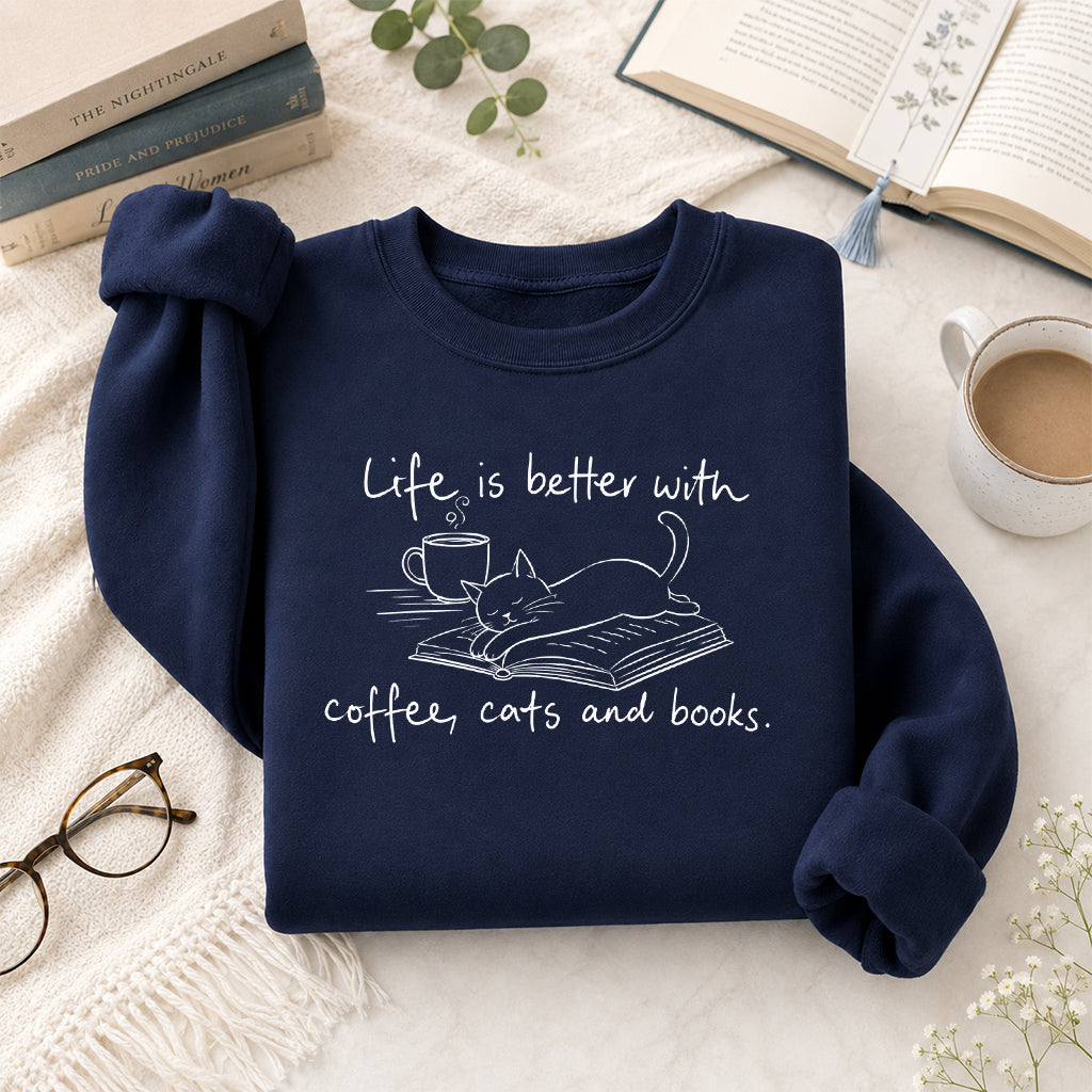 Funny Cats and Books Crewneck Sweatshirt | Reader Gift Navy