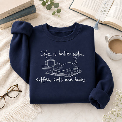Funny Cats and Books Crewneck Sweatshirt | Reader Gift Navy