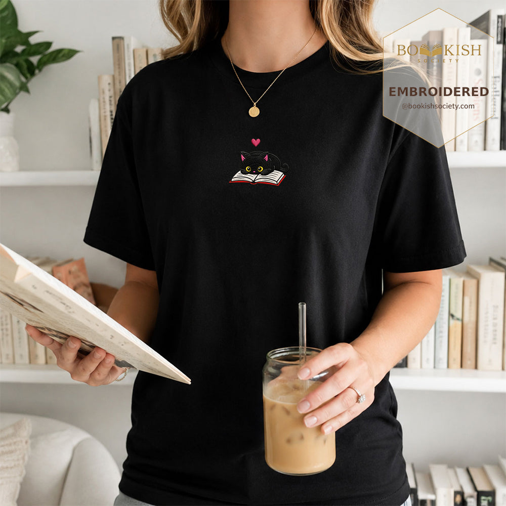 Embroidered Black Cat and Book Comfort Color® T-shirt Book Lover Gift Black