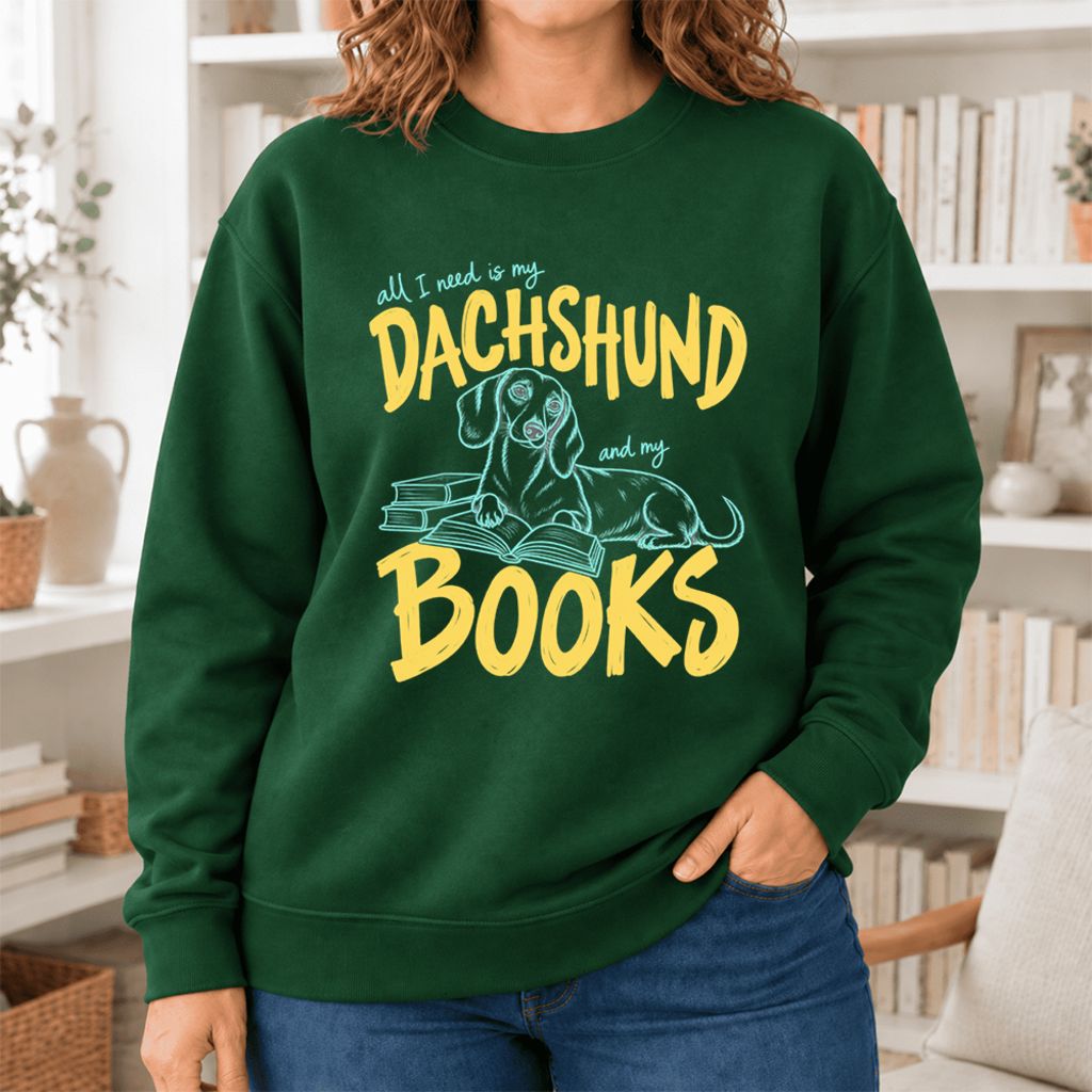 All I Need Is My Dachshund And My Books Softstyle Sweatshirt | Gift Forest Green