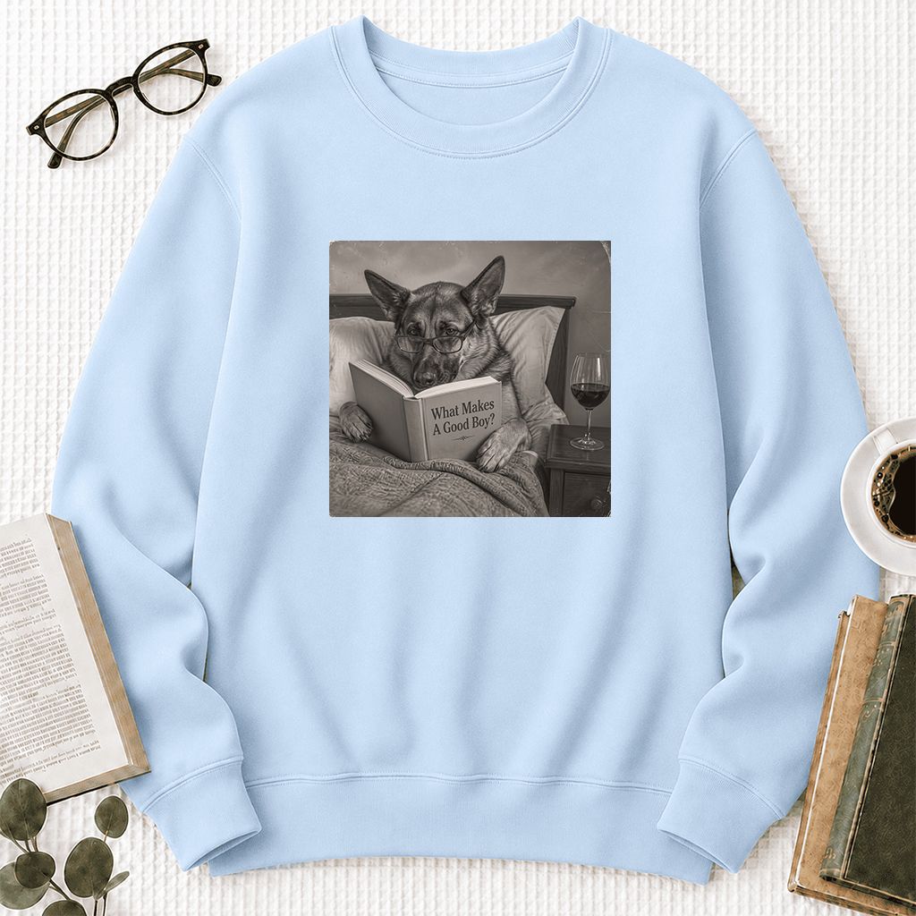 What Makes A Good Boy Crewneck Sweatshirt | Dog Lover Reader Gift Light Blue