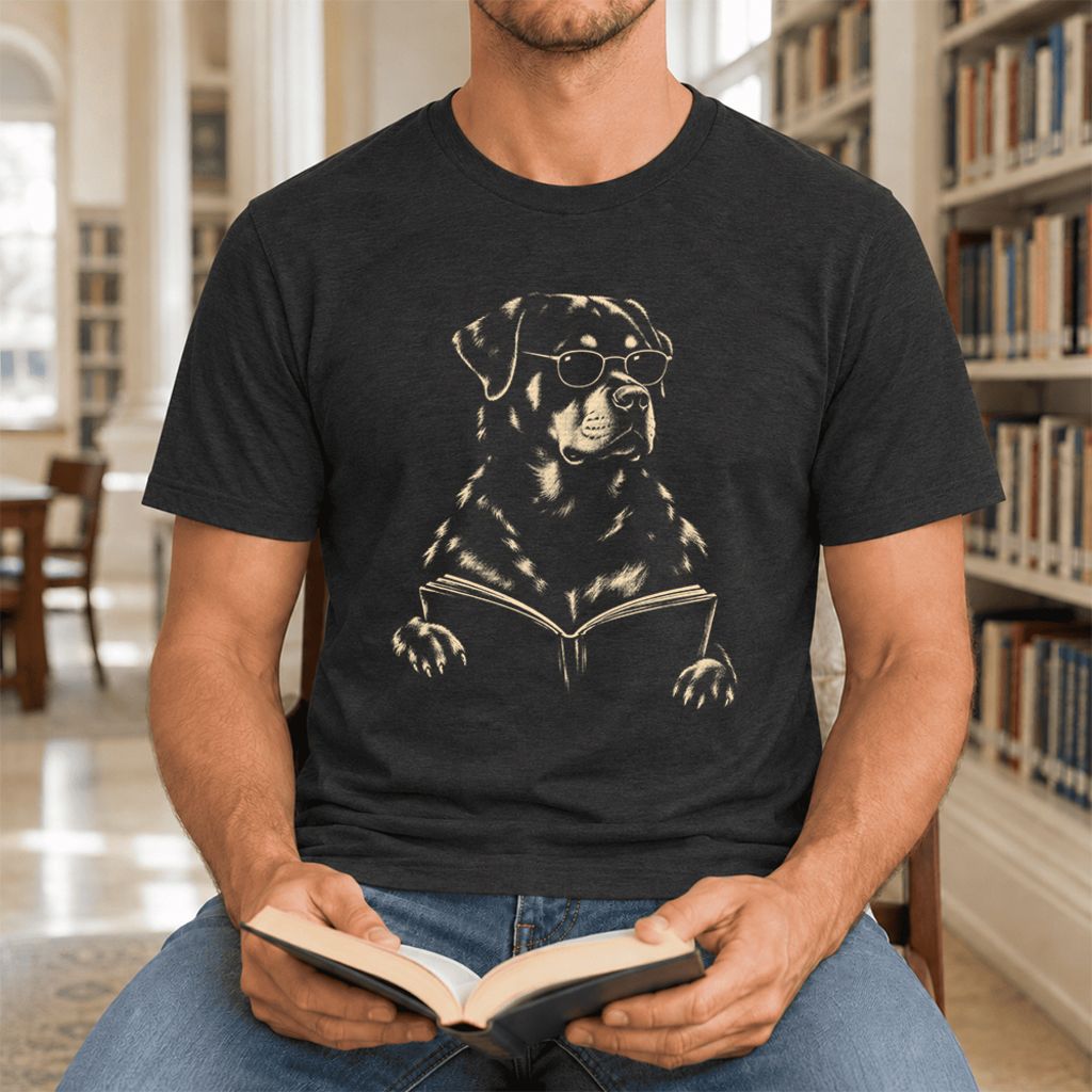 Rottweiler Reading Book Ultra-Soft Cotton T-Shirt | Dog Mom Reader Gift Black Heather